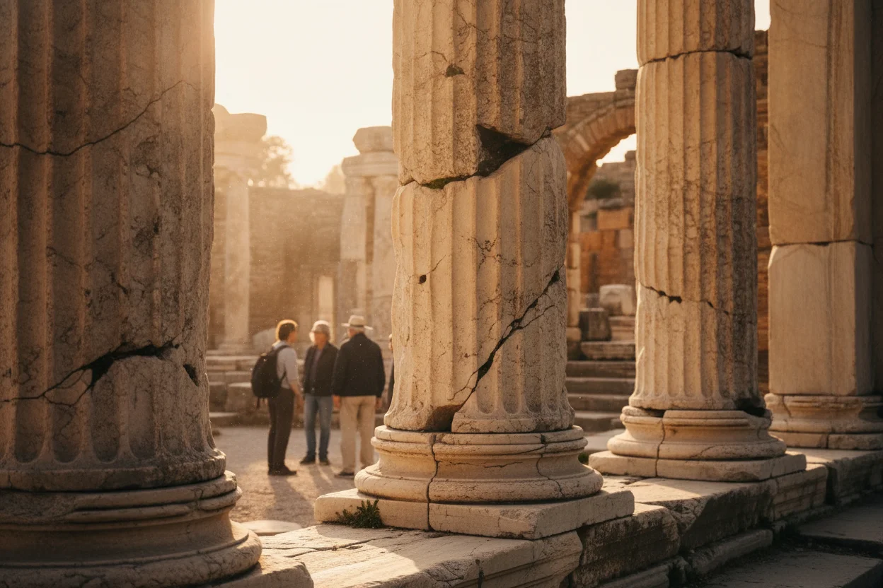 Weathered stone columns at an ancient ruin site with travelers exploring in the background