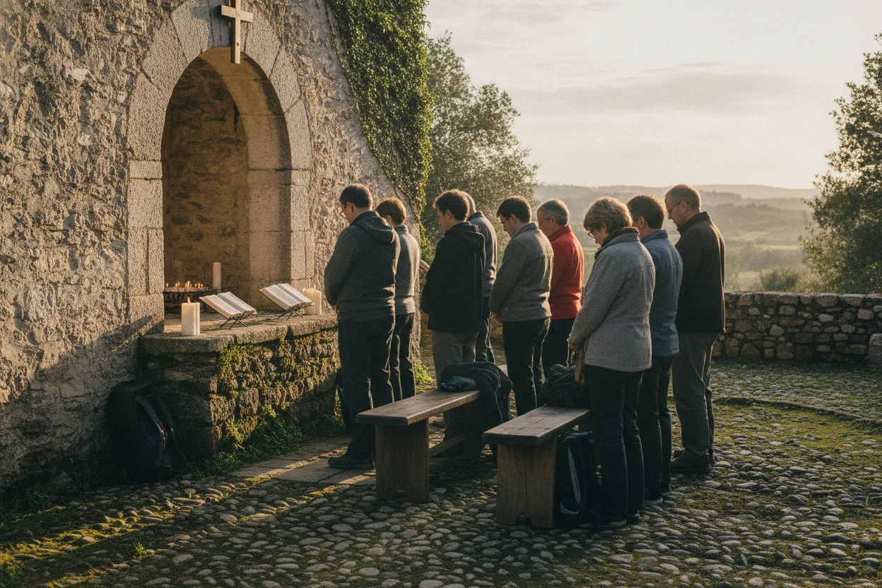 A small group gathered quietly for a Sunday observance moment in a modest chapel courtyard during travel