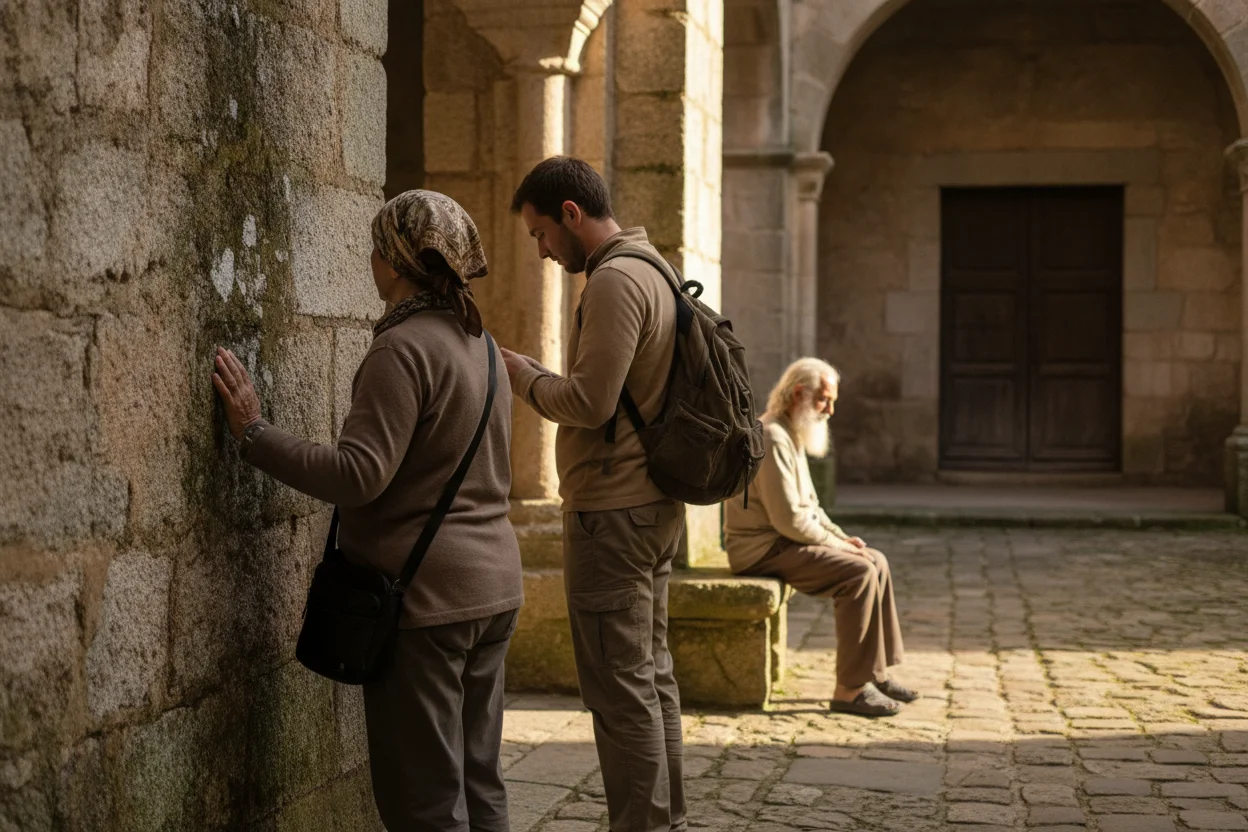 A small group pausing quietly in reflection inside a sunlit old-town chapel courtyard