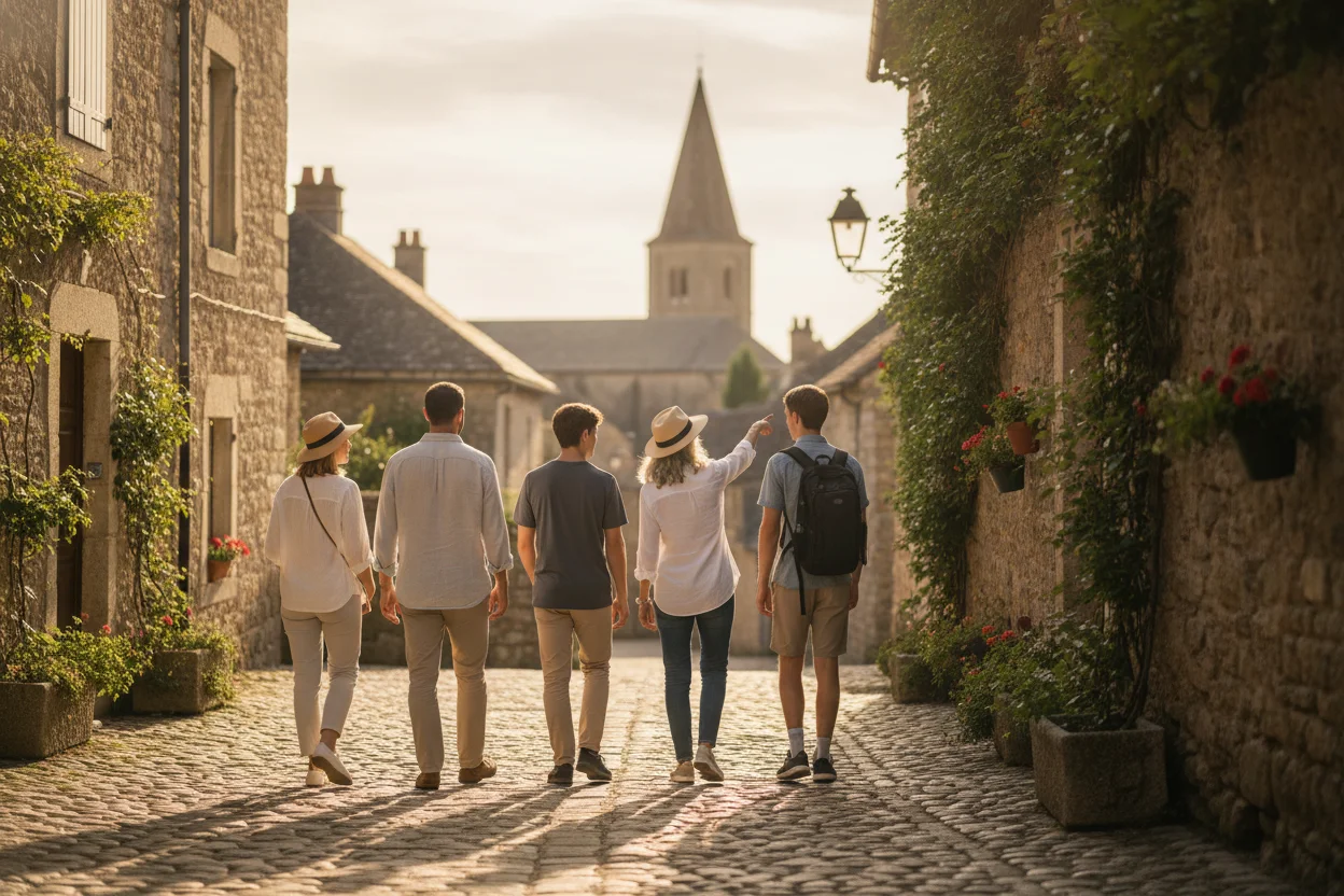 Small private travel group walking together along a quiet cobblestone lane in an old European town