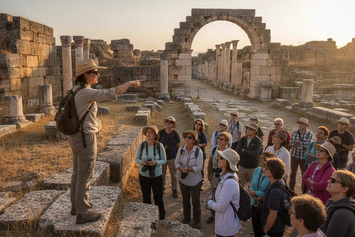 A guide gesturing toward a distant structure while a larger group listens at a sprawling ancient ruin complex