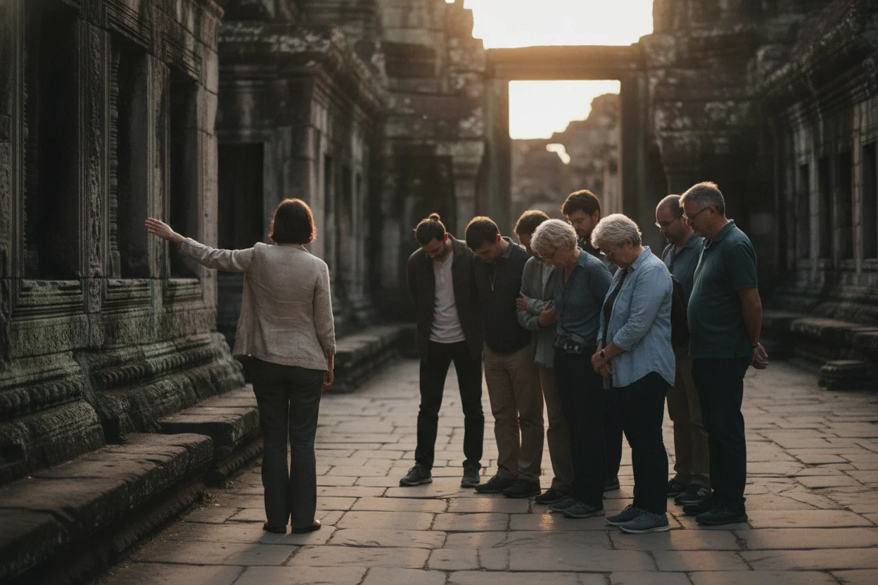 A small tour group standing quietly together at dusk in an ancient stone courtyard during a reflective moment