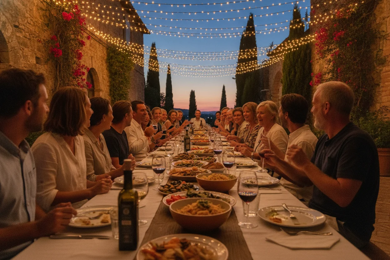 A long outdoor dinner table set for a large group of travelers at dusk, string lights overhead