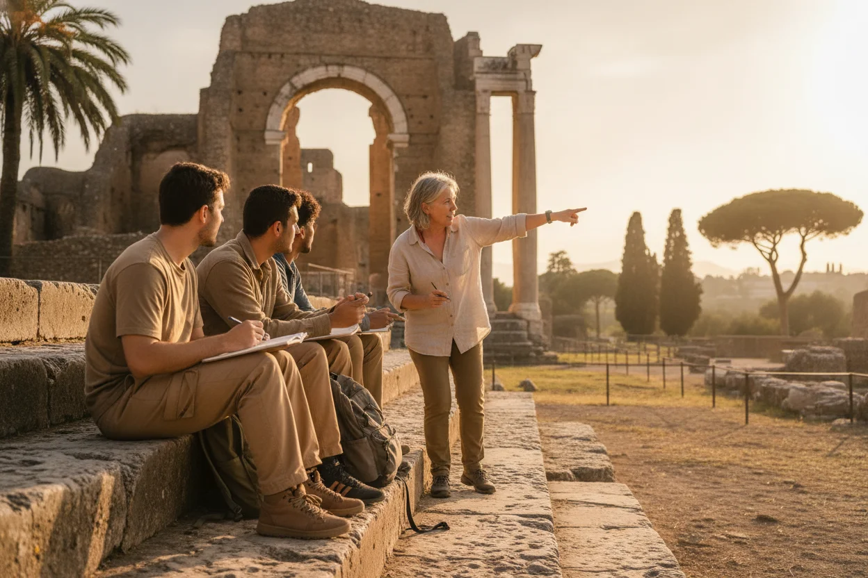 Students sitting on stone steps at a historic site, taking notes while a faculty sponsor gestures toward a nearby ruin