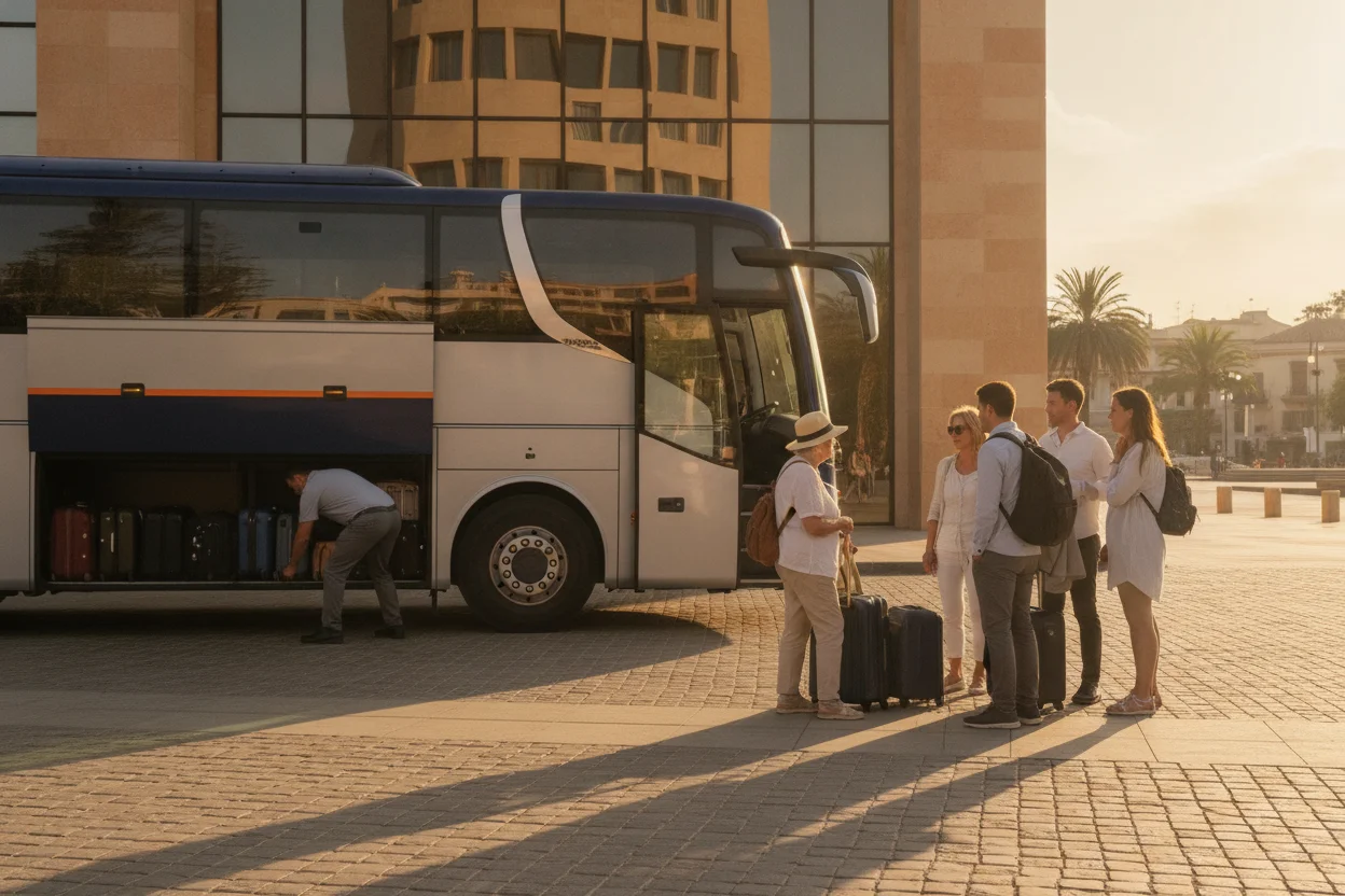 A tour coach and driver loading luggage outside a hotel entrance at golden hour