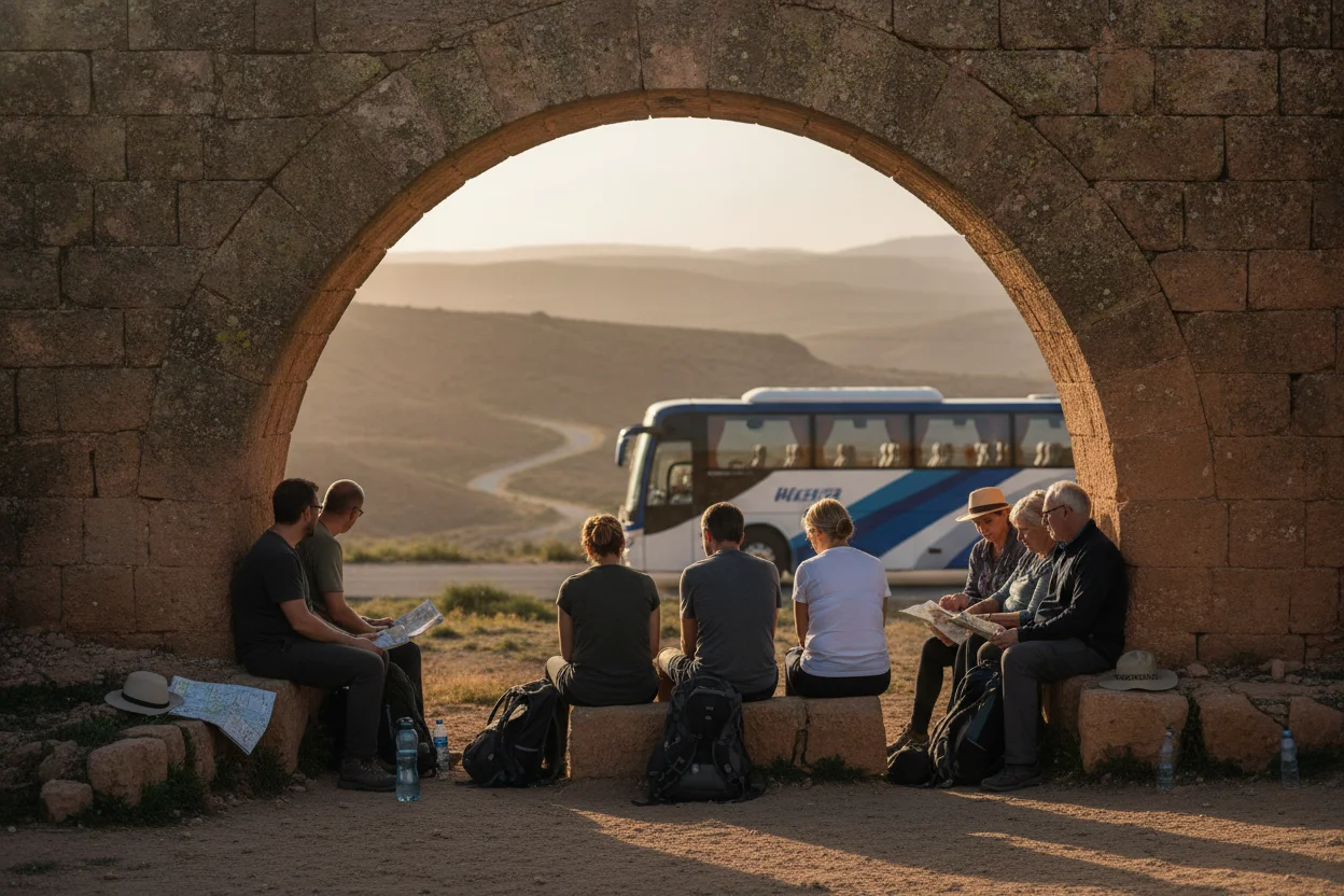 A small group of travelers resting in the shade of an old stone archway during a travel day