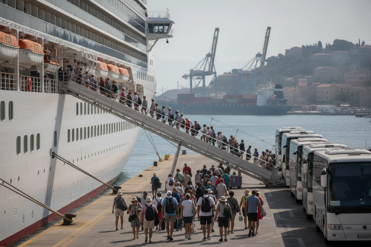 A cruise ship docked in a Mediterranean port with passengers walking down the gangway toward waiting tour buses
