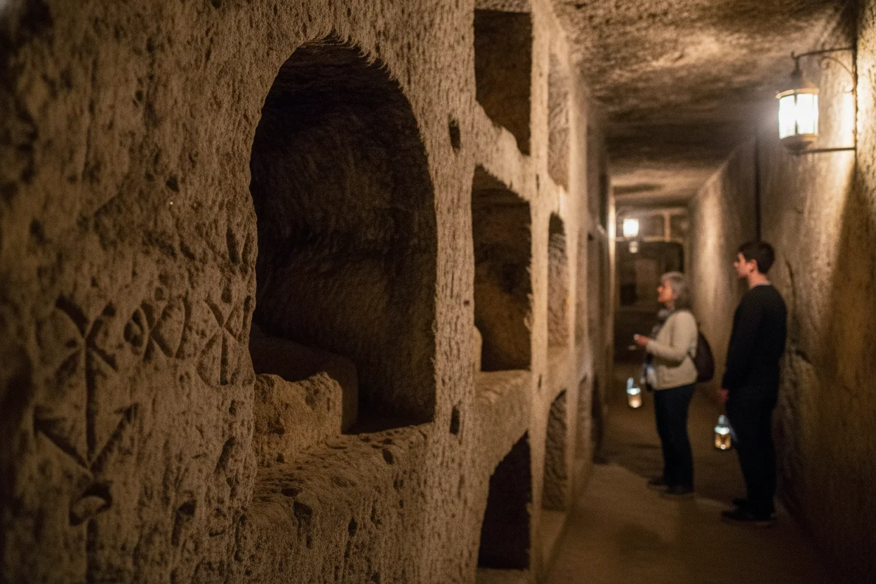 Narrow underground catacomb passageway in Rome with weathered stone burial niches