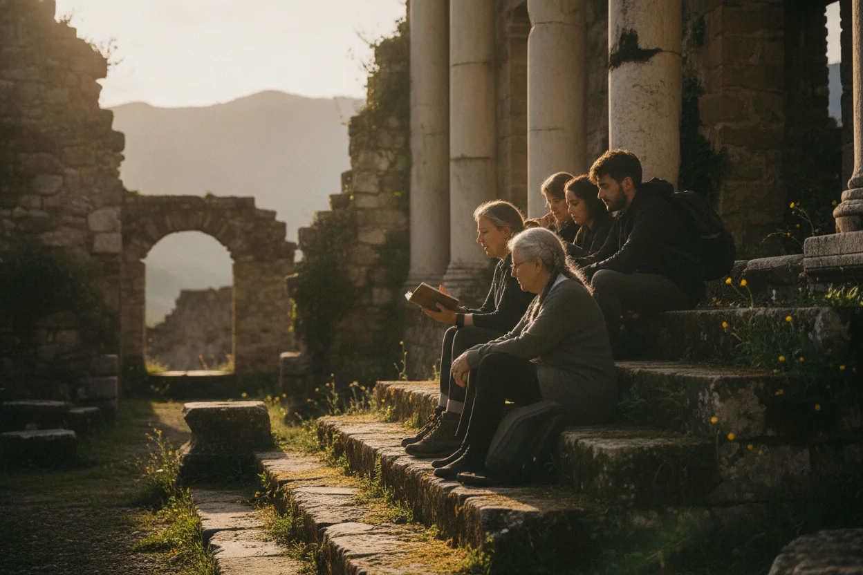 Small faith travel group sitting on ancient stone steps while one person reads aloud