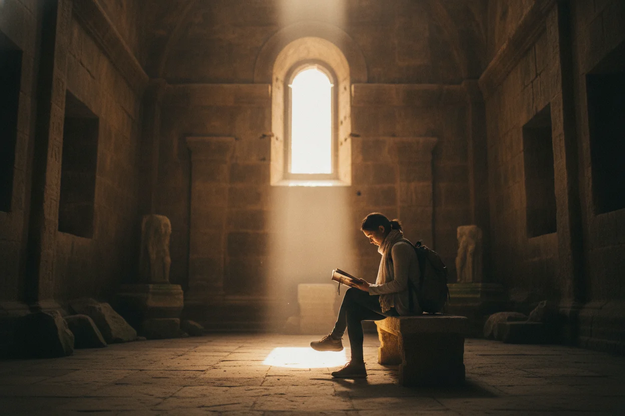 A traveler sitting alone on a stone bench inside an ancient sanctuary, reading quietly