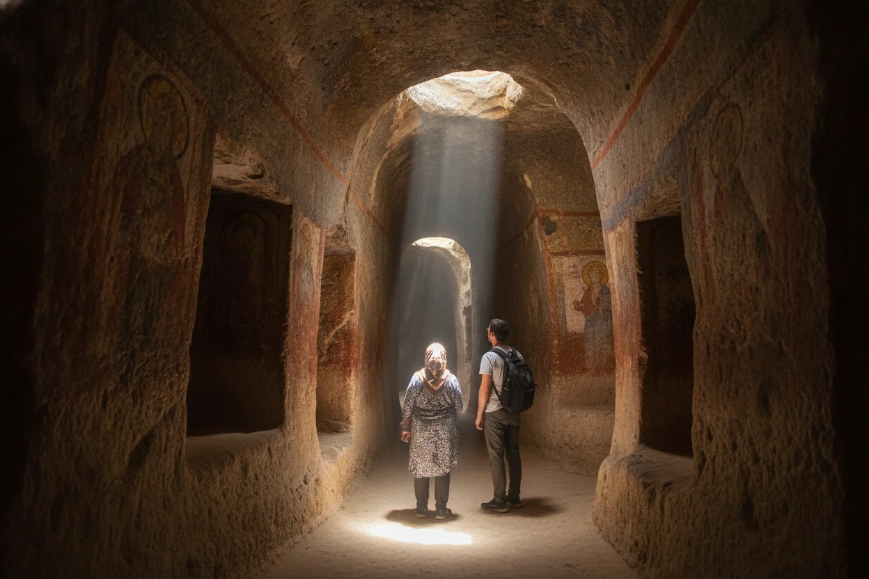 Rock-cut cave church interior in Cappadocia with faded Byzantine carvings