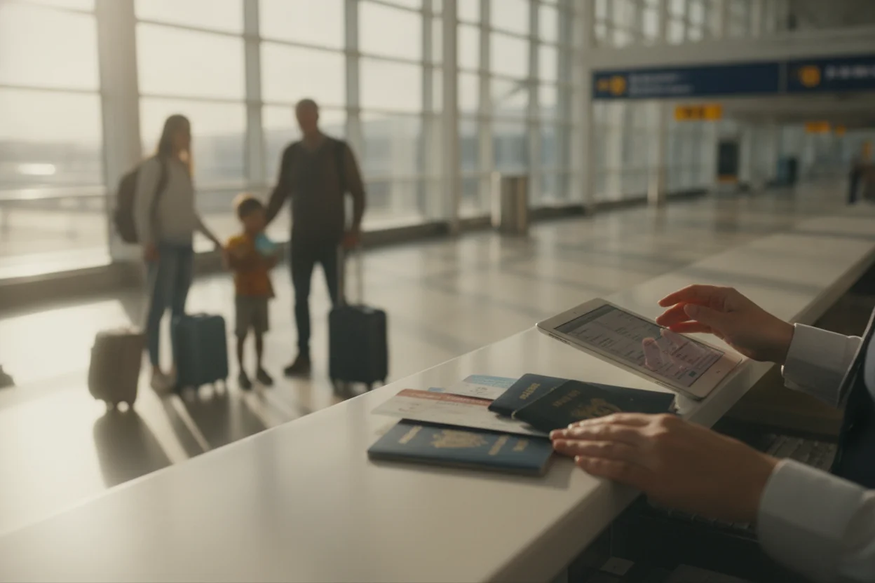 Passports and travel documents being checked at an airline counter with travelers waiting nearby