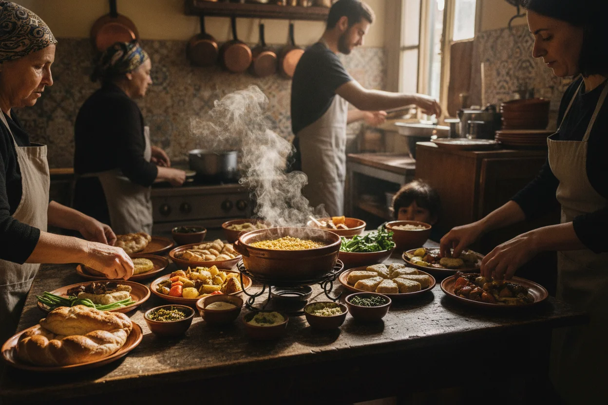 Close-up of a small local kitchen preparing a simple kosher meal for a heritage group