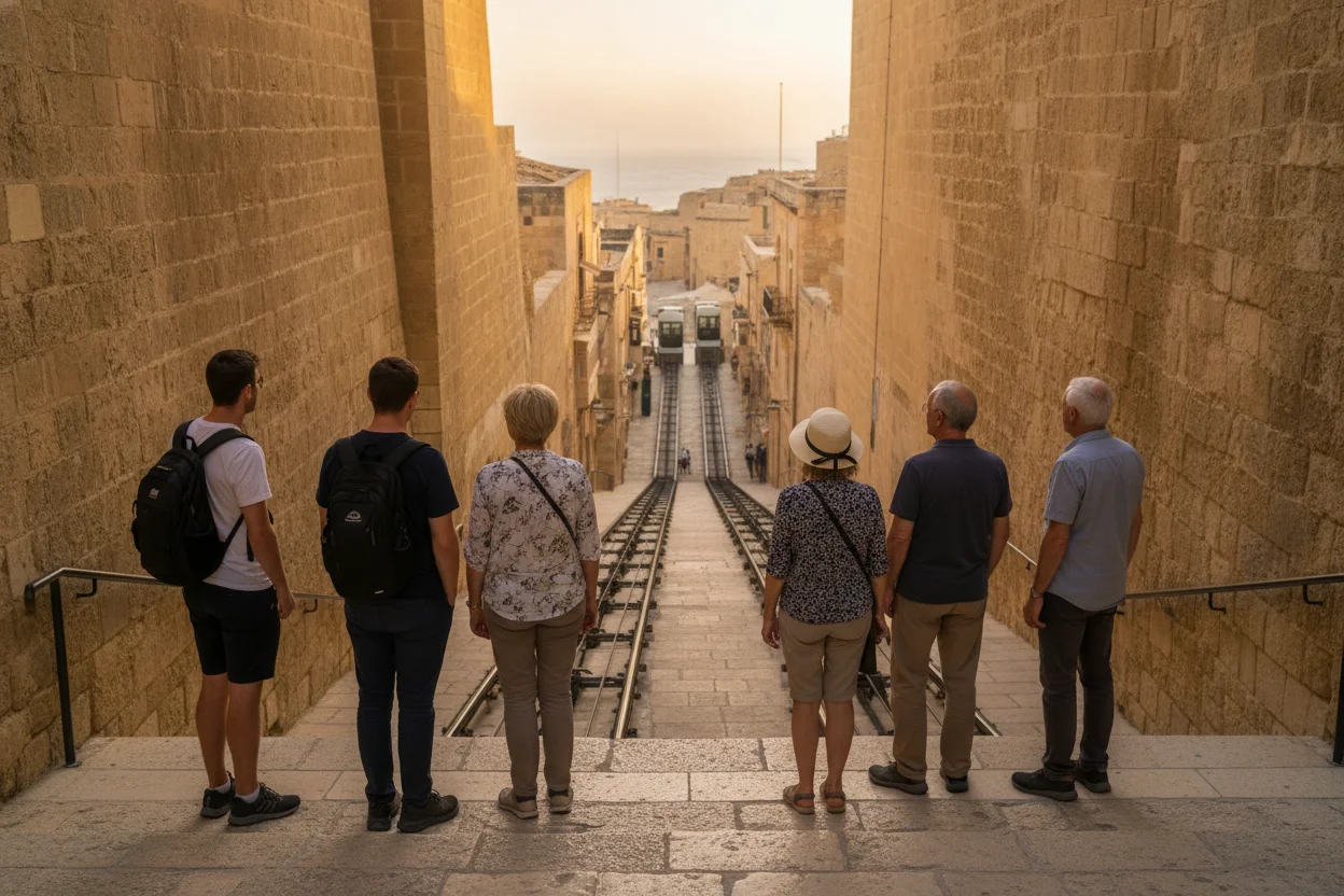 Modern inclined lift on a steep stone street connecting Valletta's harbor to the upper city