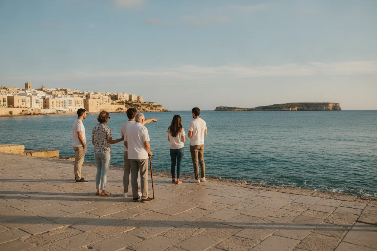 Small group of travelers, one using a cane, gathered along the seawall at St. Paul's Bay