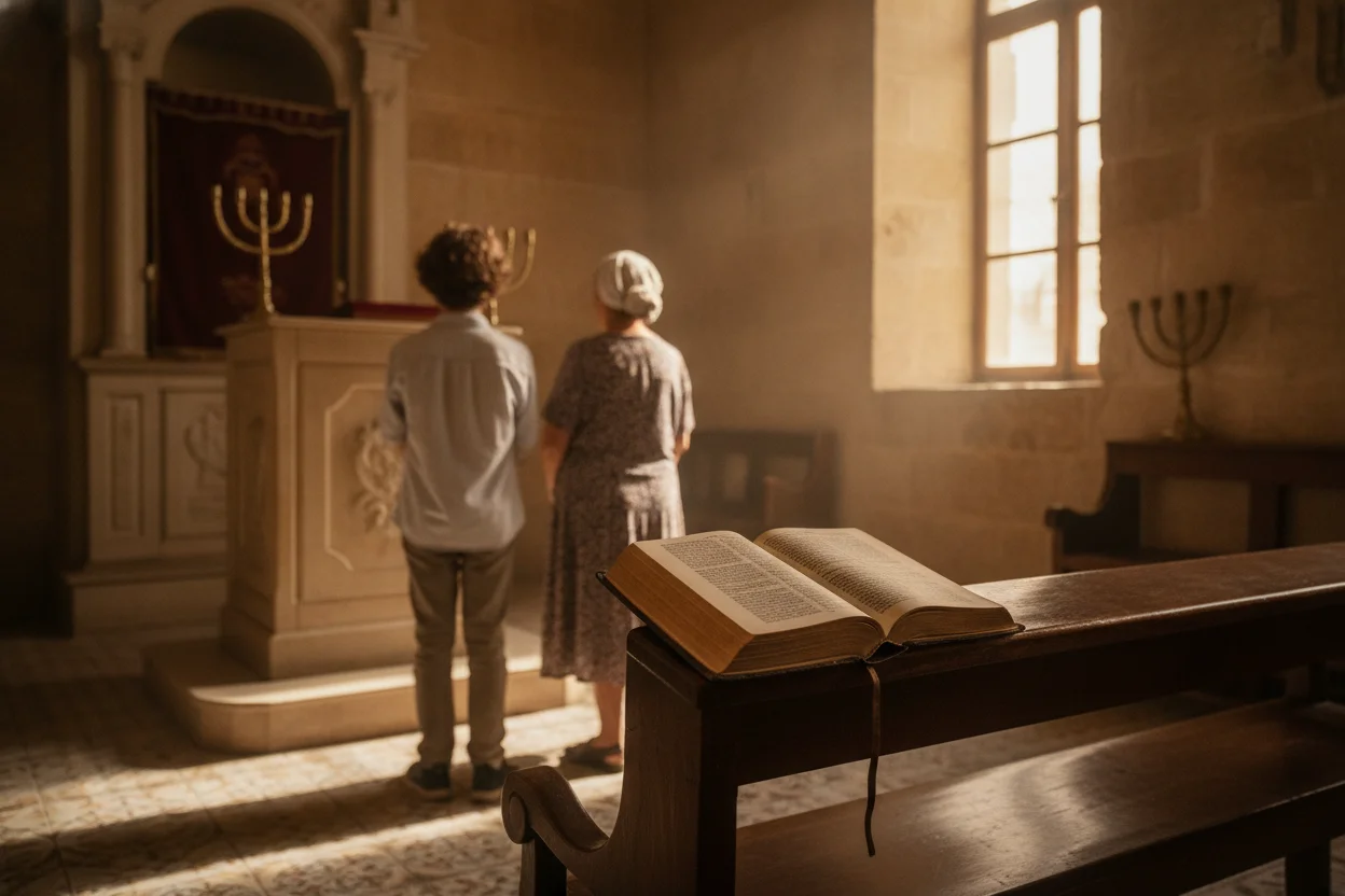 A young person and a family member standing together inside a small Valletta synagogue