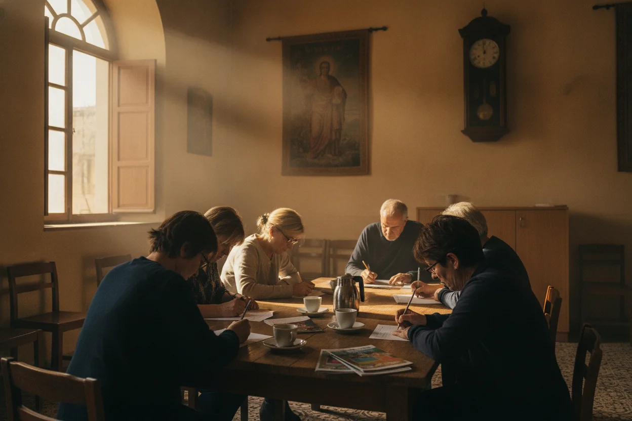 Congregation members gathered around a table filling out an informal interest survey