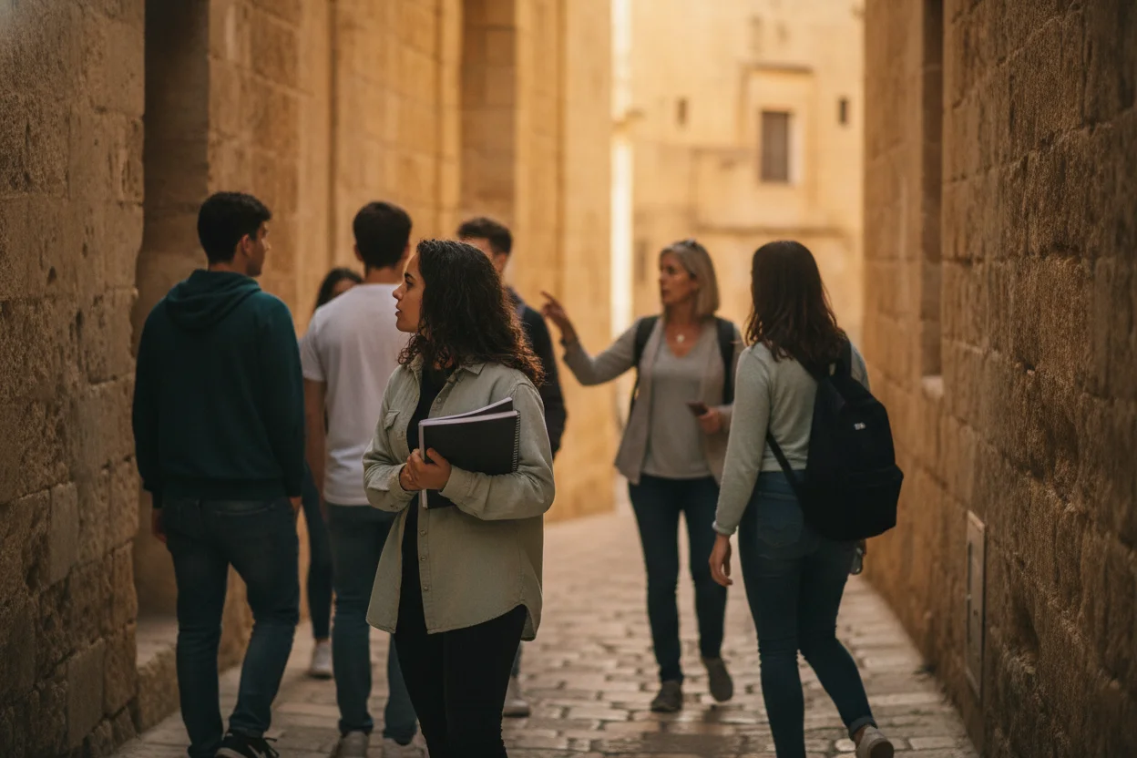 Students and a teacher walking quietly through Mdina's Giudecca quarter with an open notebook