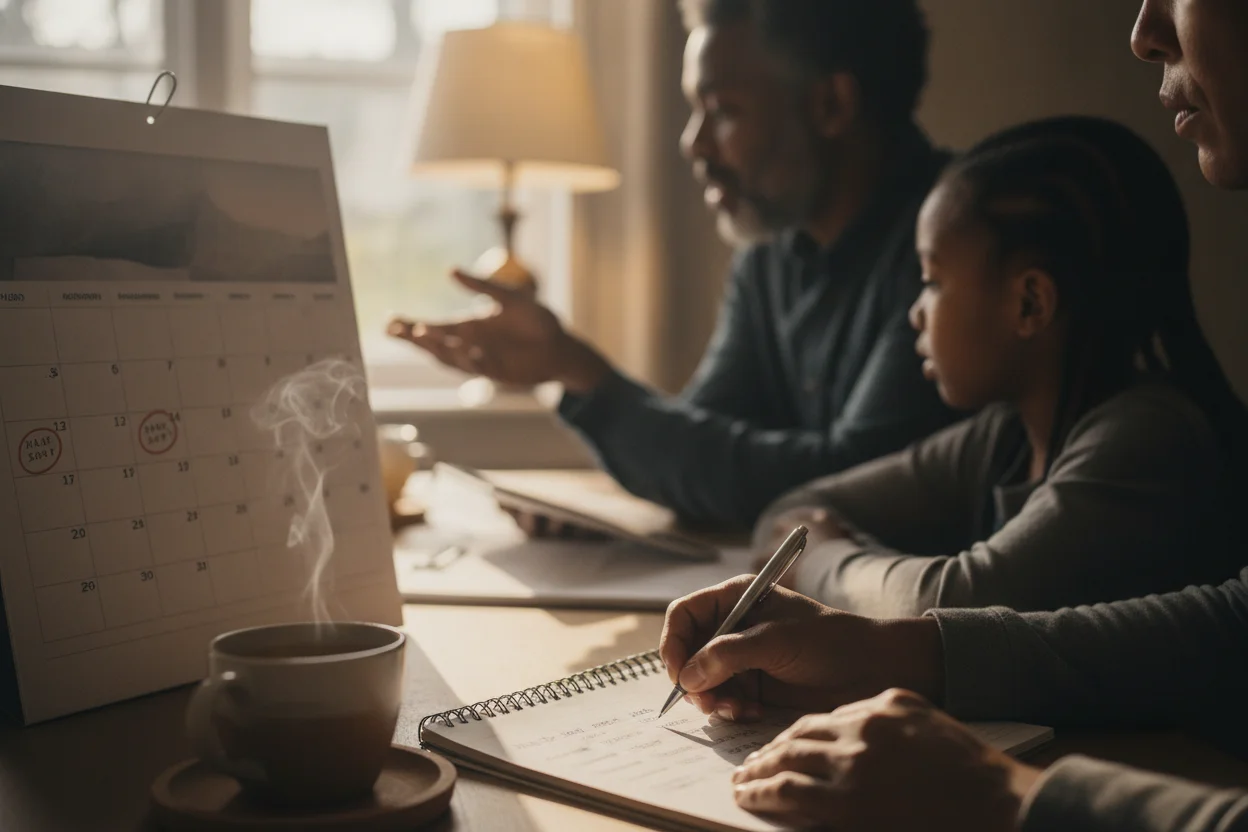A family working through monthly trip payments at home with a notebook and calendar