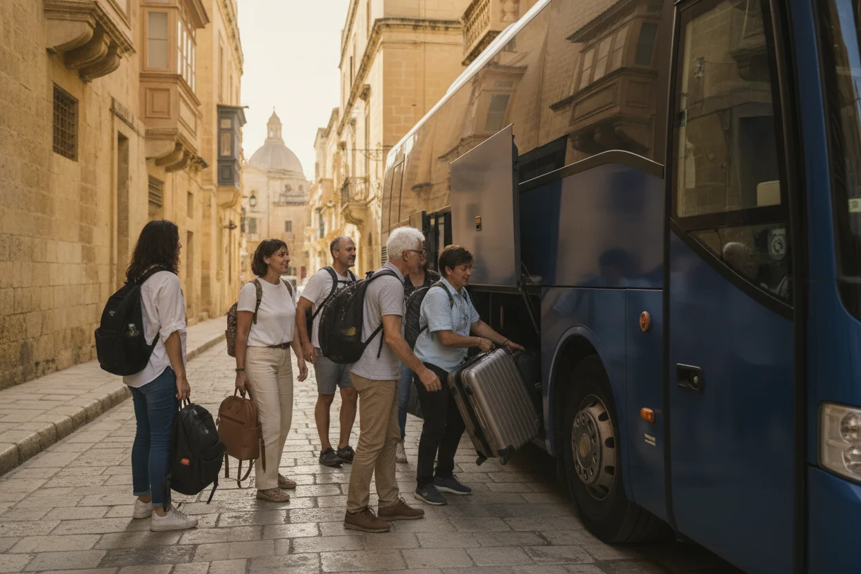 A group of travelers boarding a coach bus on a narrow Maltese street