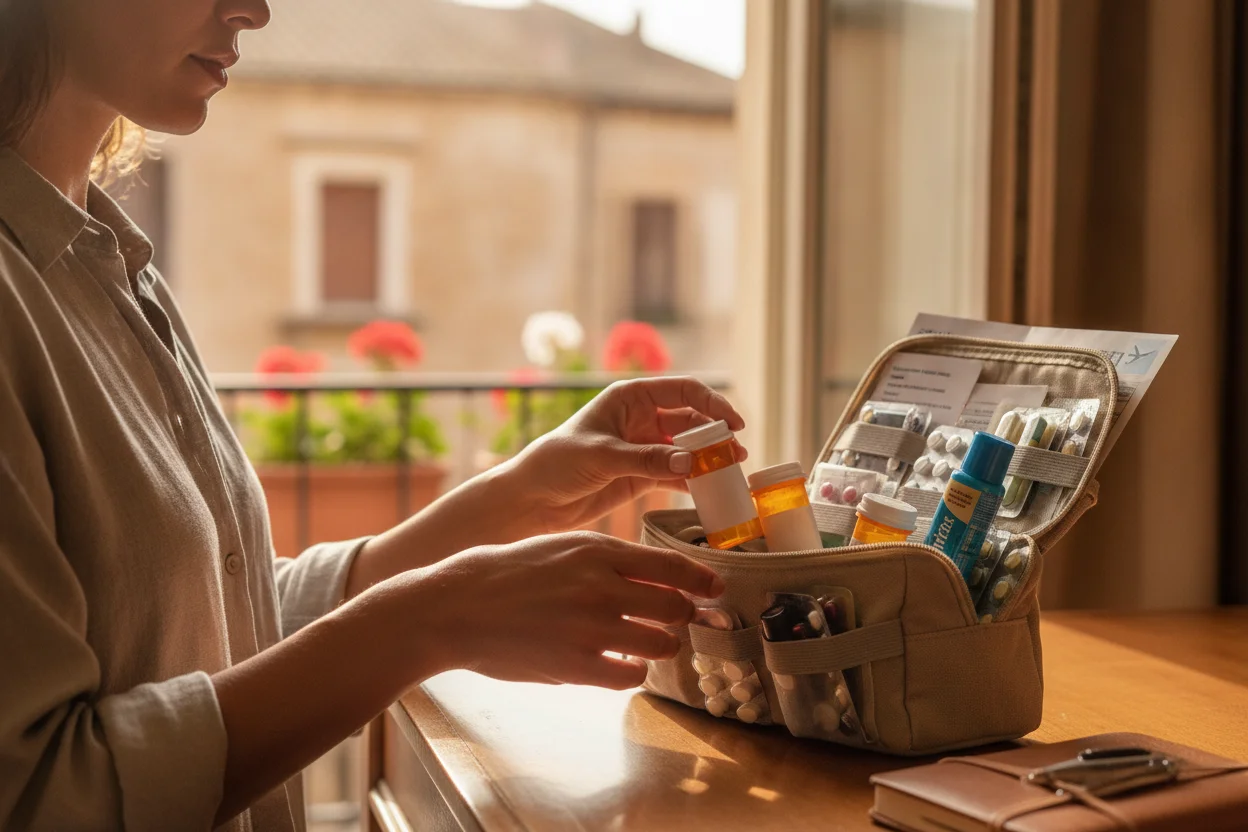 Traveler packing a small labeled medicine pouch and itinerary before a Malta trip