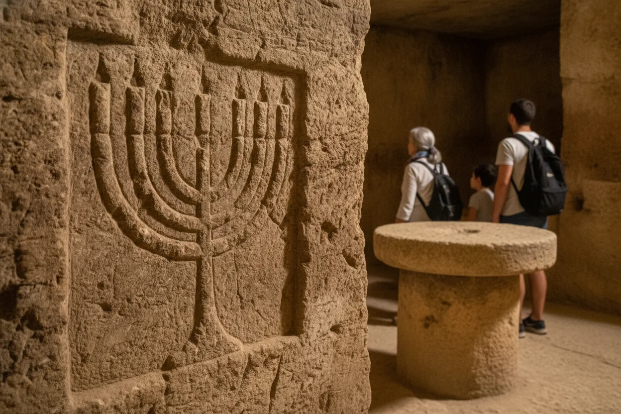 A menorah carved into ancient limestone beside a Christian burial chamber in the Rabat catacombs