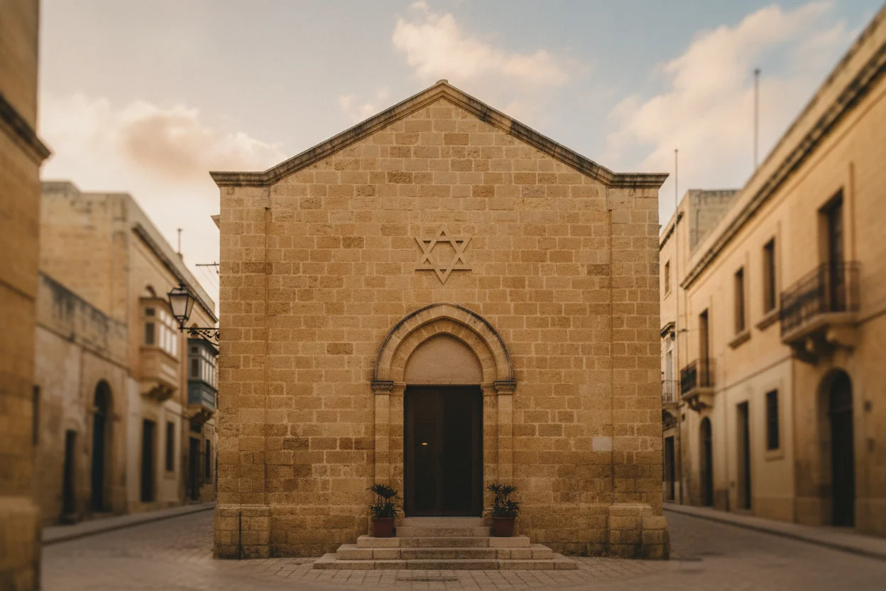 The exterior facade of the small restored synagogue in Valletta, Malta