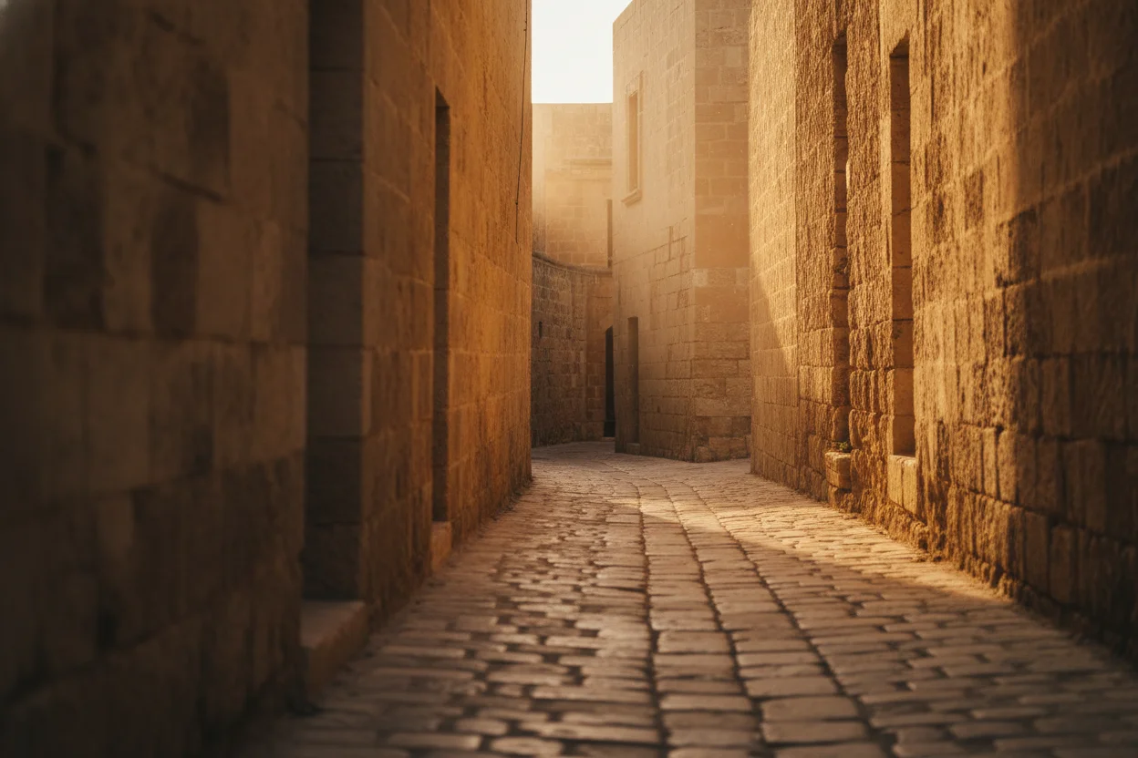 A quiet, empty stone alley in Mdina's Giudecca quarter in late afternoon light