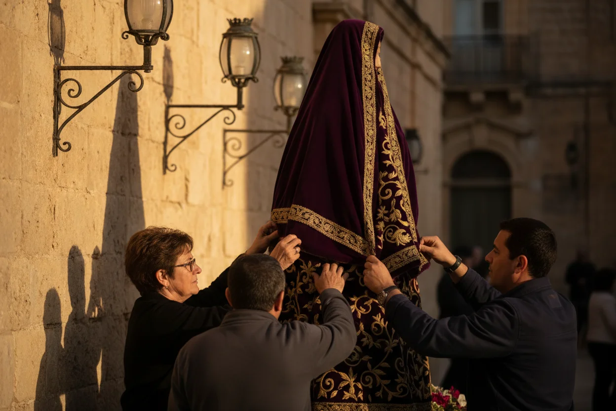 Volunteers adjusting a draped processional statue in a small Maltese town square ahead of Holy Week