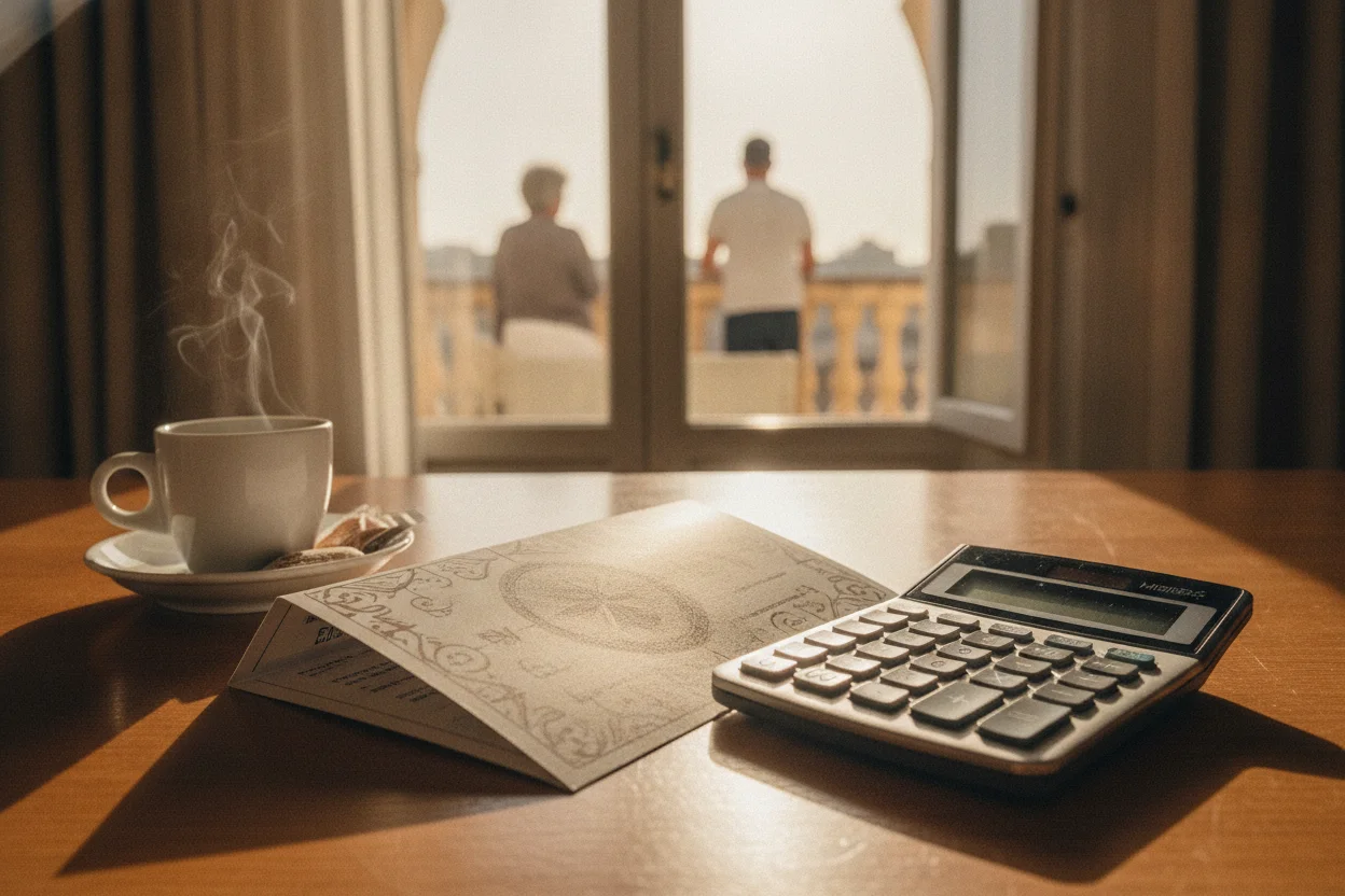 Printed heritage tour itinerary and calculator on a desk with a view of Sliema rooftops