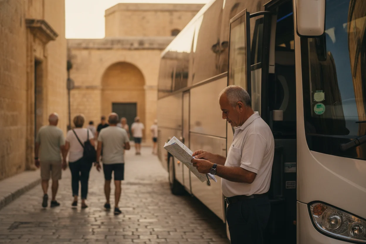 A local Maltese coach driver checking a route beside a parked tour coach in Valletta