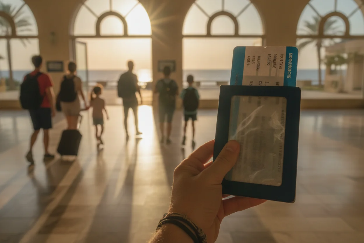 Traveler holding an open passport with a boarding pass at an airport arrivals gate