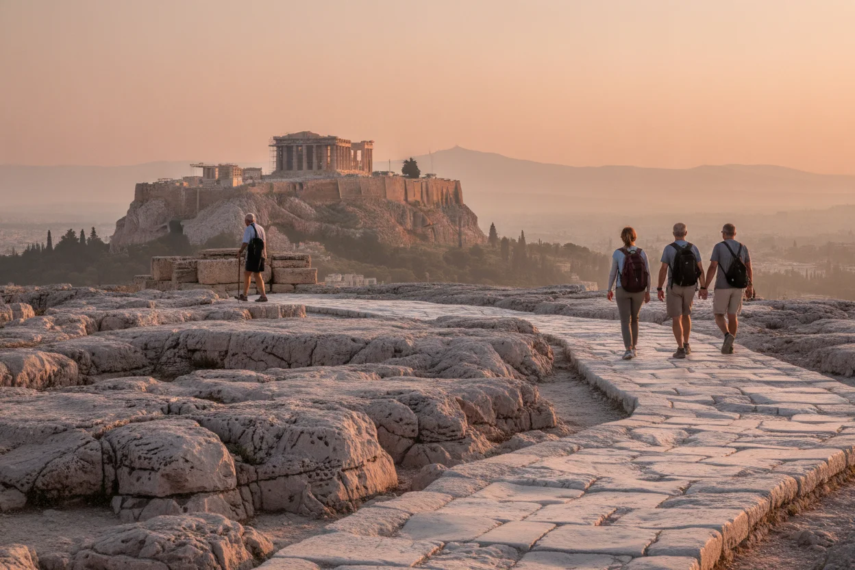 The Areopagus hill in Athens at golden hour with the Acropolis in the distance