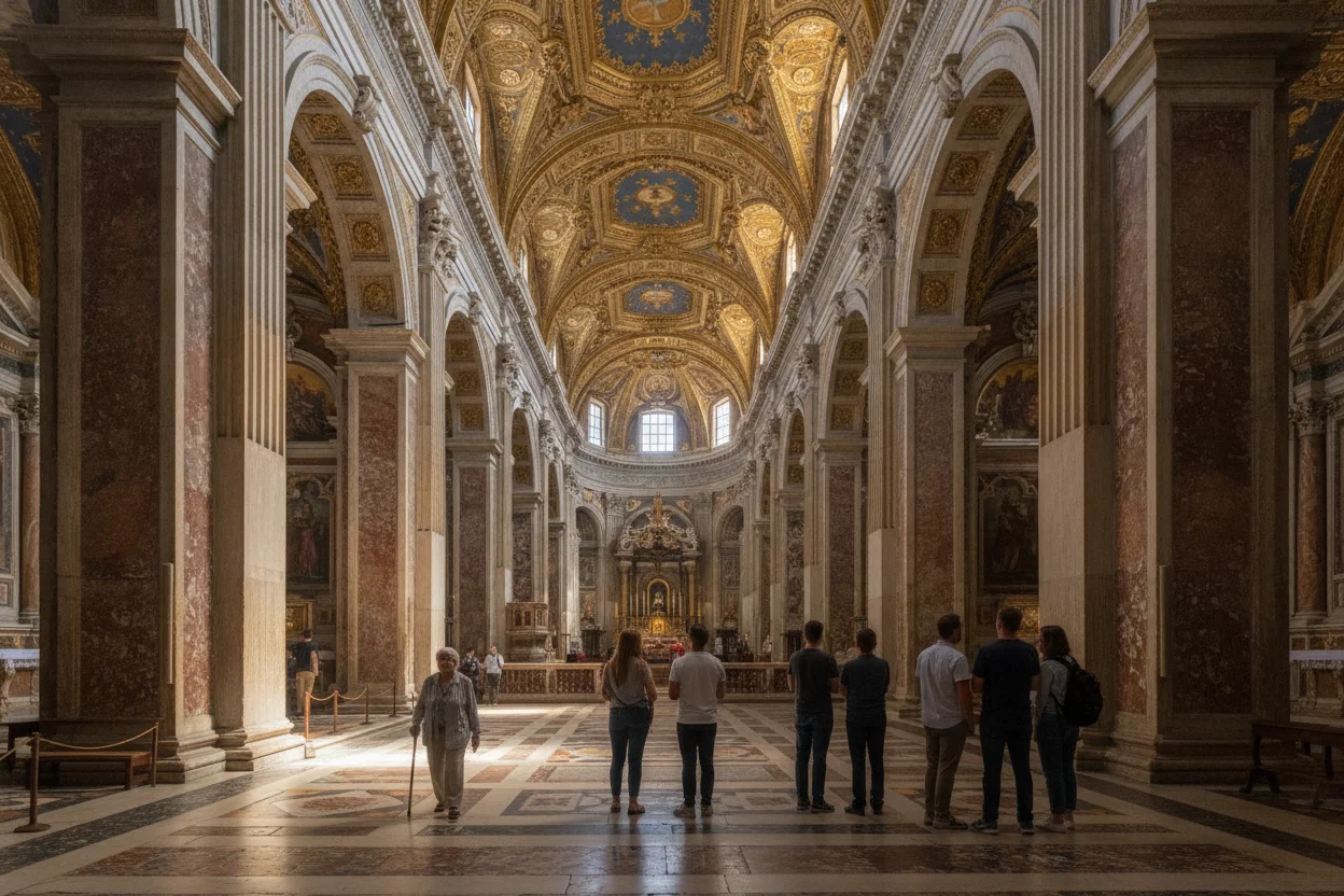 The ornate Baroque interior of a grand Roman basilica with soaring marble columns