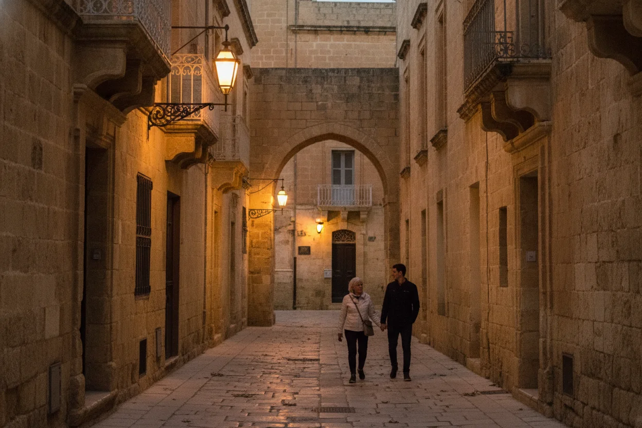 A quiet Mdina street at dusk lined with honey-colored limestone buildings