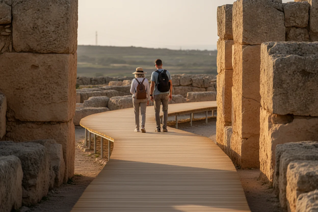 Modern level visitor walkway at the Ggantija temples on Gozo with travelers walking along it