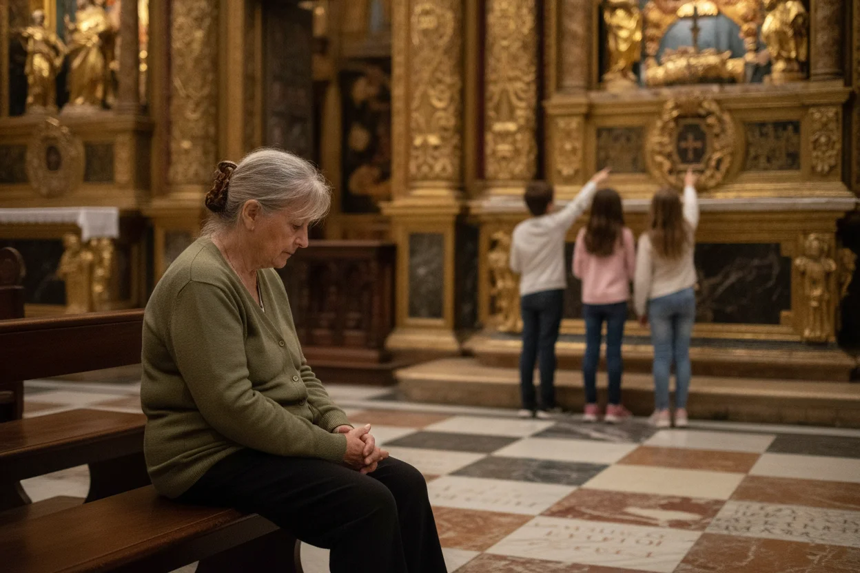 A grandparent resting in a pew at St. John's Co-Cathedral while grandchildren wander the side chapels