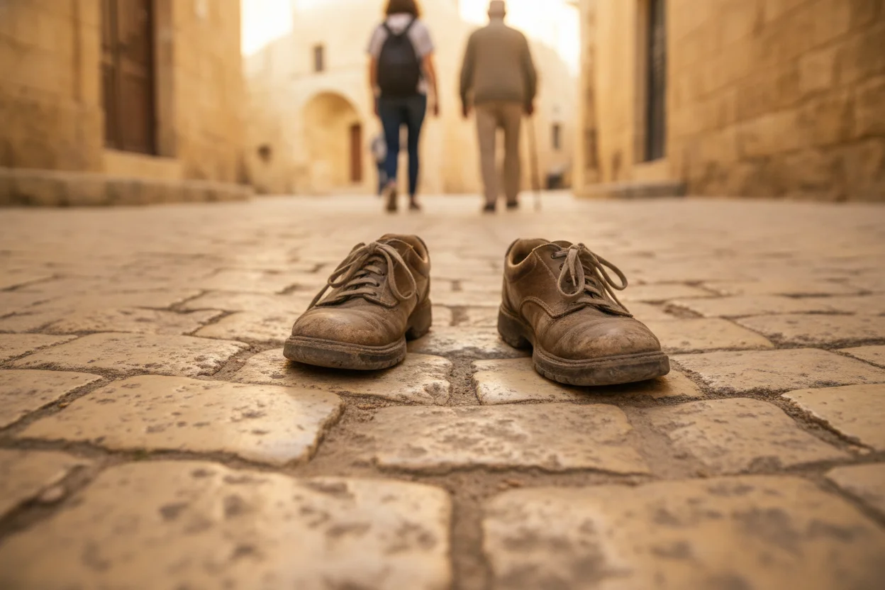 Close-up of broken-in walking shoes on uneven limestone cobblestones in Mdina