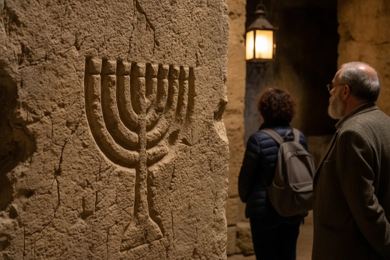A menorah carved into weathered limestone rock in the Rabat catacombs