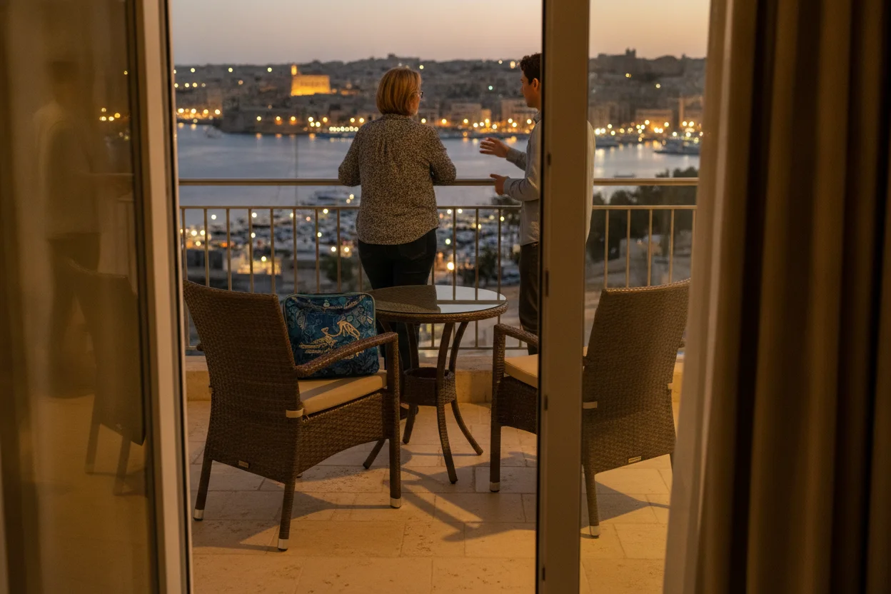 A quiet hotel balcony overlooking Valletta's harbor at dusk on a Friday evening
