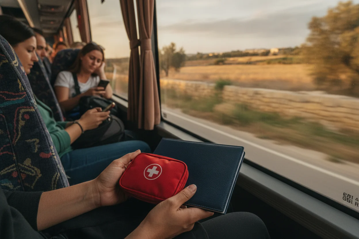 Traveler's hands holding a first aid kit and insurance documents on a coach in Malta