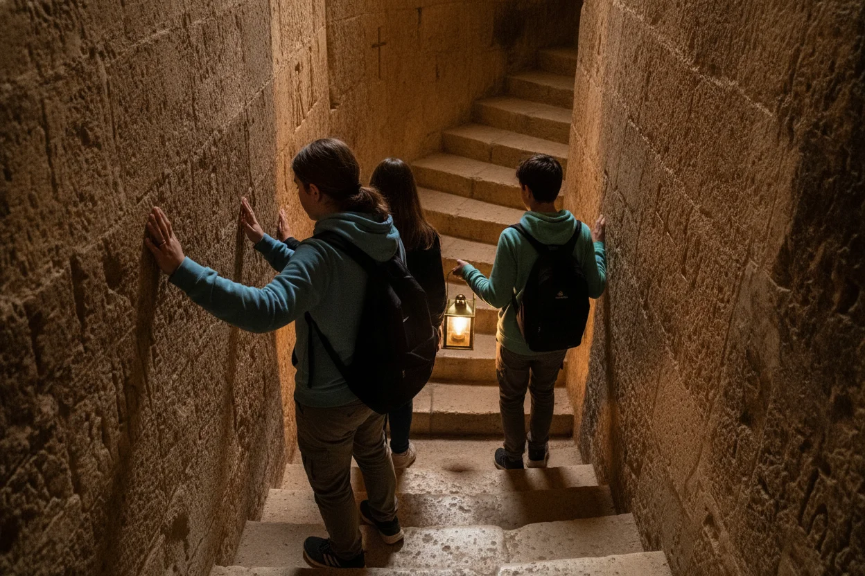 Teenagers descending a narrow stone stairway into the Rabat catacombs in Malta