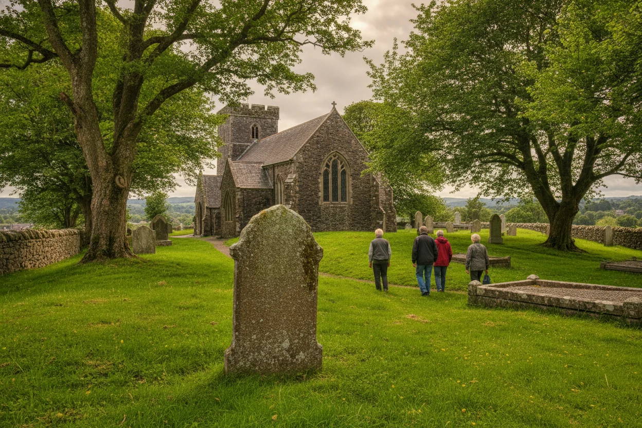 Quiet granite grave marker and green churchyard on the hill above Downpatrick